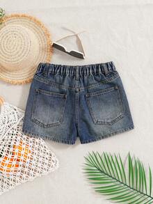 SHEIN Shorts de mezclilla suave lavada para niñas preadolescentes, ajuste cómodo, primavera/verano - Azul lavado oscuro - Ver 2