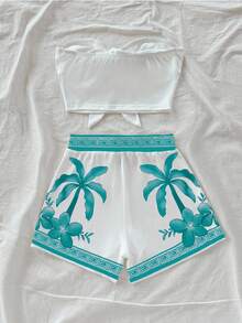 Soleia Women's Vacation Style Coconut Tree Print Bandeau Top And Casual Shorts Swimsuit Set,Vacation Outfits Women - Mint Green - View 2