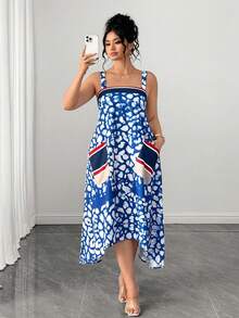 SHEIN Clasi Plus Size All-Over Print Pocket Casual Cami Dress Gym Brown Summer - Multicolor - View 1