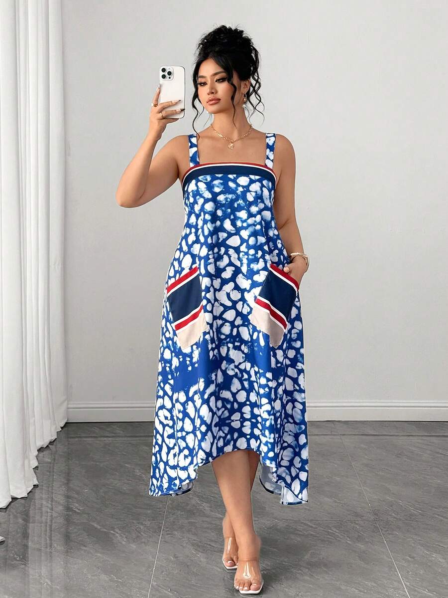 SHEIN Clasi Plus Size All-Over Print Pocket Casual Cami Dress Gym Brown Summer - Multicolor - View 1