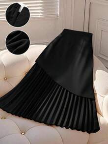 SHEIN CURVE+ Plus Size Women's Elegant Loose Midi Skirt, Pleated Design - Black - View 1