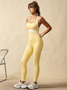 VARSIVA Women's Casual Sports Contrast Stripe Jumpsuit - Mustard Yellow - View 5