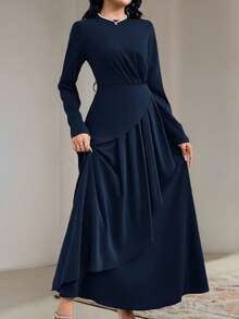 Vestido largo de noche elegante de mujer de color rojo burdeos con pliegues en la cintura y volantes - Azul Marino - Ver 5