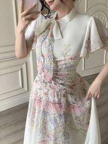 Modelyn Petite Women's Elegant Floral Print Tie Neck Flutter Sleeve Waist Cinched Midi Dress, Suitable For Summer Afternoon Tea And Dates - Multicolor - View 6