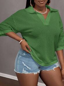 Slaydiva Loose Fit Solid Color V-Neck Drop Shoulder Hollow Out Knit Casual Blouse For Plus Size Women, Spring/Summer - Green - View 3