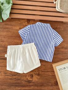 Set Baju Bayi Laki-laki Baru Lahir Kasual Lucu Bergaris Lengan Pendek dan Celana Pendek Pinggang Elastis - Royal Blue - View 2