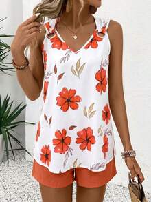 EMERY ROSE Conjunto casual de 2 piezas sin mangas con cuello en V y rayas para mujer - Naranja - Ver 5