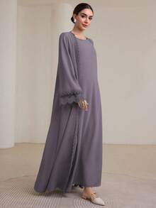 Graceveil 2pcs Set Gaun Panjang Tradisional Wanita & Mantel Abaya Sopan - Mauve Purple - View 6