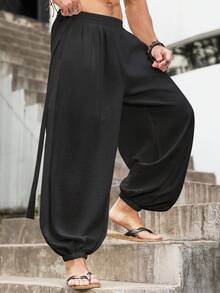 Manfinity Homme Plus Size Men's Casual Solid Color Slant Pocket Drawstring Pants - Black - View 4
