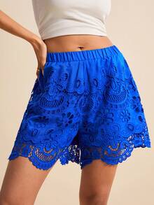 LOTSLUV Quần short nữ màu xanh hải quân thêu lỗ, có túi, thích hợp cho kỳ nghỉ xuân hè. - Xanh đậm - Xem 1