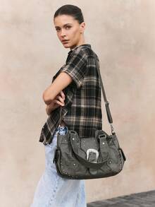 Viva Strut Ladies, Women Vintage Shoulder Bag, Hobo Bag, Silver Large Hardware Buckle, Dark Gray Faux Leather, Fashionable, Personalized, Simple, Versatile, Street, Sweet And Cool Girls, Hot Girls, Y2k, Retro, Rivets, For Daily, Shopping, Music Festival - Dark Grey - View 8