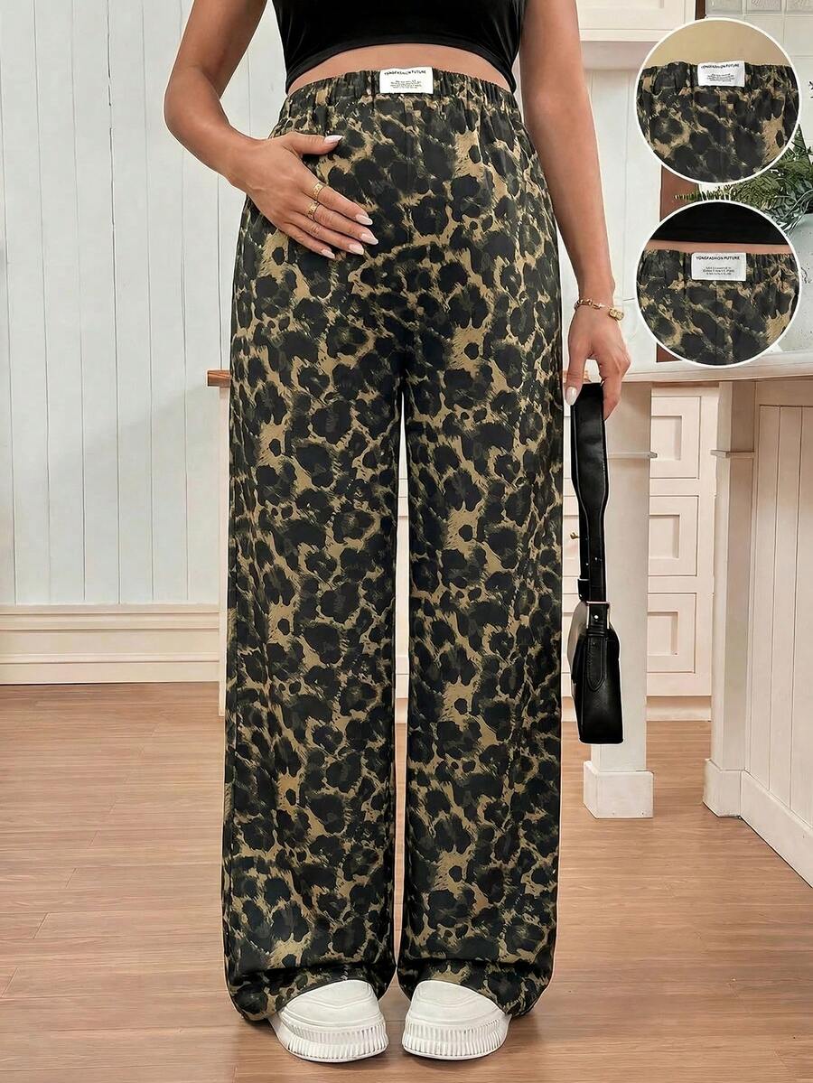 SHEIN 孕妇豹纹弹力腰休闲裤 - 卡其色 - 查看 1