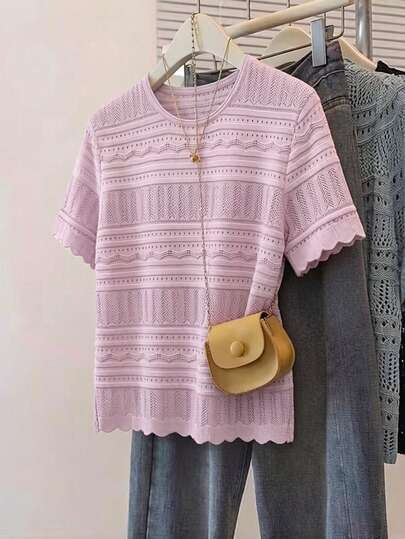 GlowEve CURVE Plus-Size Women's Spring/Summer Casual Wear: Simple, Versatile, And Feminine Style. Striped, Openwork Knit Top With Wavy Hem And Short Sleeves. Loose-Fitting Plus-Size Women's Top, Perfect For Spring And Summer.