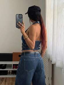 SHEIN 女士夏季毛边条纹吊带牛仔上衣 - 彩色 - 查看 3