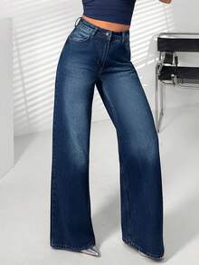 Women High Waist Dark Wash Wide Leg Casual Denim Jeans - Dark Wash - View 1