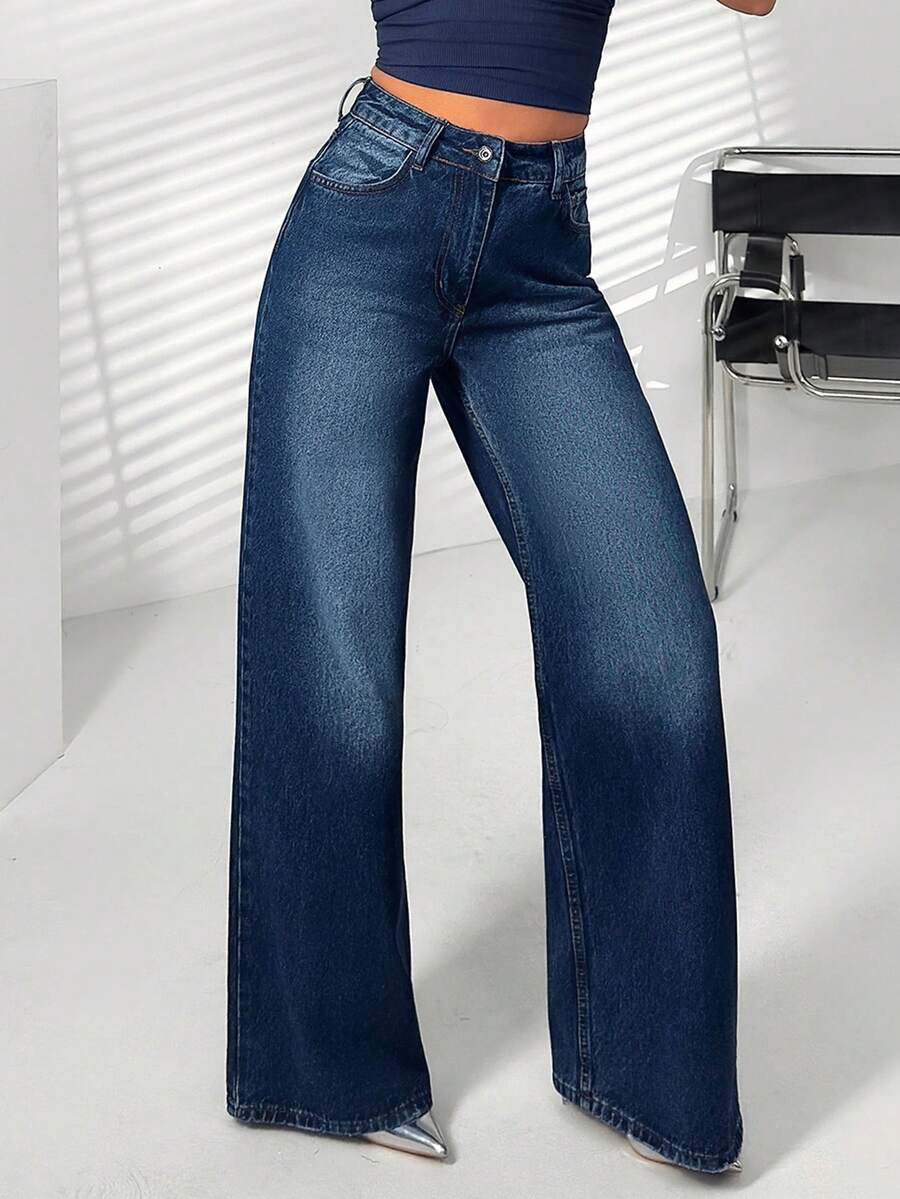 Women High Waist Dark Wash Wide Leg Casual Denim Jeans - Dark Wash - View 1