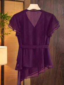 Franclia Áo cánh chiffon cổ chữ V xếp nếp buộc eo xòe tay - Màu tím - Xem 2