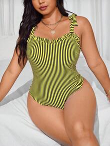 Swim Mod Traje de baño de una pieza talla grande para mujer, primavera/verano 2025, con rayas azules y blancas, volantes y lazo delantero, estampado floral casual para vacaciones y playa - Amarillo - Ver 5