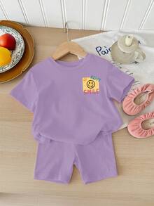 Cream Purple, Cute Hand-Painted Face Pattern, Baby Girl Casual Minimalist Round Neck Short Sleeve T-Shirt And Snug Fit Cycling Shorts 2-Piece Set, Suitable For Daily Wear, Street Photography, Holidays, Spring & Summer - Multicolor - View 4