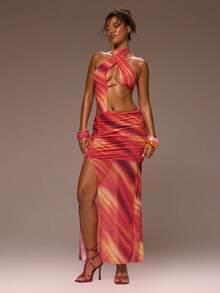 MUSERA Crossover Front Cut Out Ruched Printed Mesh Maxi Dress Girly Spring Summer Vacation Night Out Cute Occassion Golden Sands - Multicolor - View 1