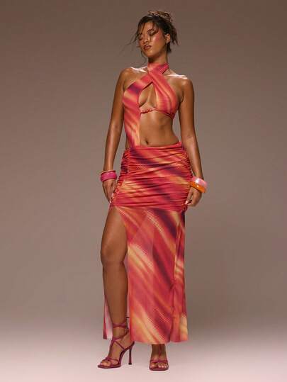 MUSERA Vestido maxi con corte cruzado, abertura y plisado, de malla estampada, estilo femenino para primavera, verano, vacaciones, salidas nocturnas, ocasiones especiales, color arenas doradas