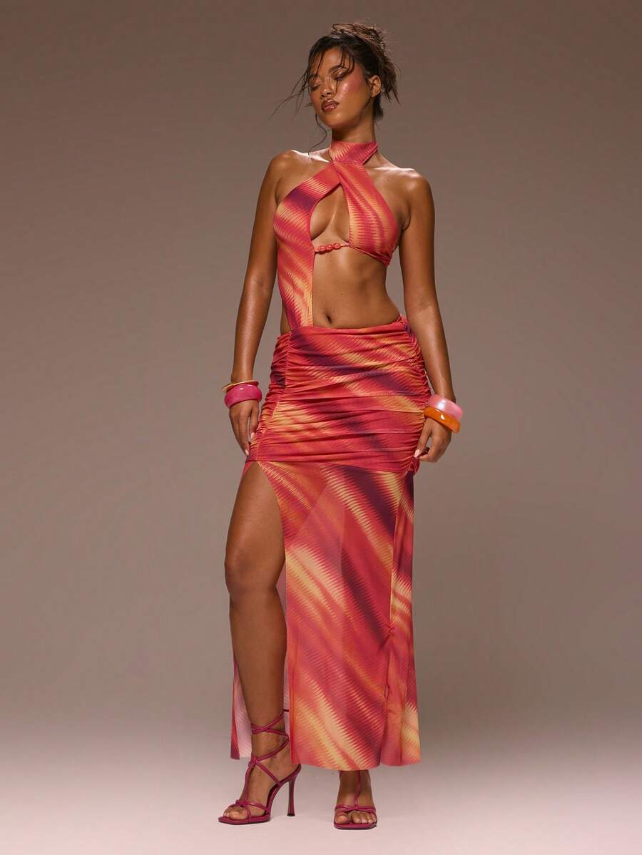 MUSERA Crossover Front Cut Out Ruched Printed Mesh Maxi Dress Girly Spring Summer Vacation Night Out Cute Occassion Golden Sands - Multicolor - View 1