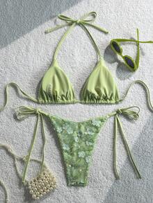 Costavie 2-Piece Floral Sequin Textured Halter Bikini Set, Blue, For Spring/Summer Beach Vacation - Mint Green - View 2