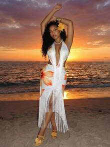 SHEIN BamGlam Women Boho Multicolor Halter Sleeveless Fringe Asymmetrical Hem Bodycon Knitted Midi Dress With Plant Pattern  Summer Dress , Summer Dresses For Women , Summer Dresses  , Summer Outfits  , Summer Clothes  , Summer Outfits For Women , Summer Holiday Outfit , Summer Outfit For Women , Slay Diva Dress Resort Dress Scarf Dress Tequila Sunrise Dress Miami Dress Havana Nights Outfit Beach Photoshoot Dress Sexy Vacation Dress Vacay Dress Bikini Cover Up Dress White Fringe Dress Tassel Dress - Multicolor - View 3