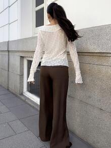 Marta Soriano 波西米亚风休闲纯色蕾丝针织荷叶边长袖女式衬衫 - 杏色 - 查看 2
