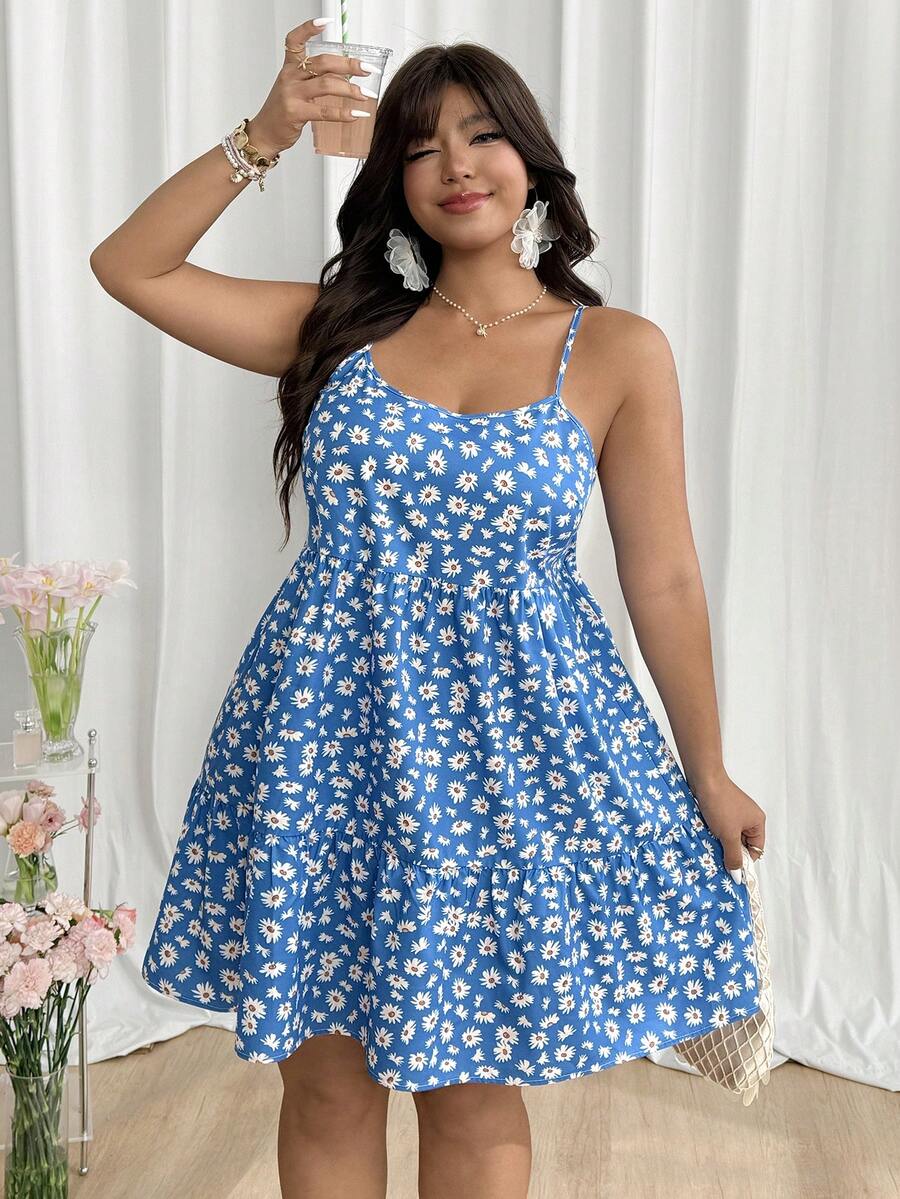 SHEIN EZwear Plus Size Women Summer Casual Daisy Strap Short Dress - Apricot - View 1