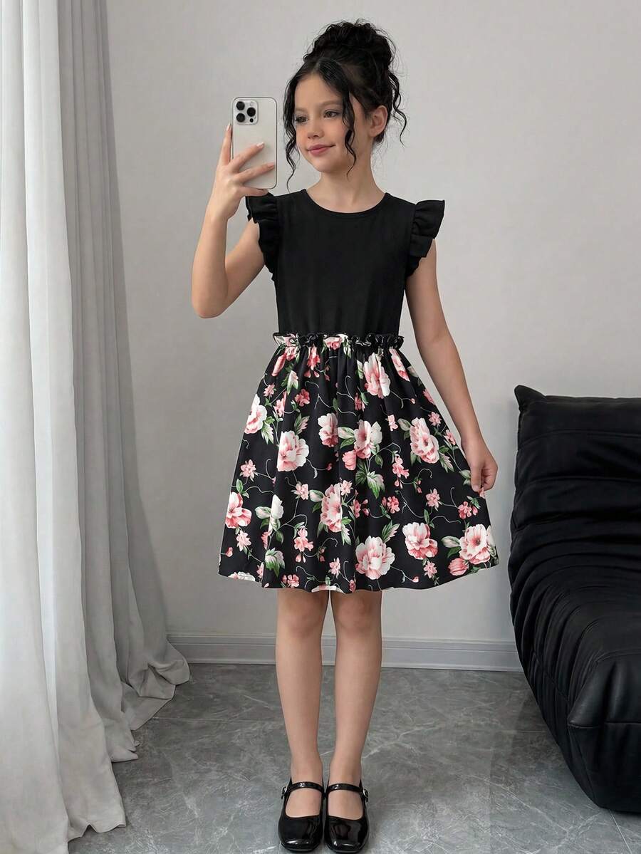 SHEIN Đầm Gái viền lá sen Xù Hoa Boho