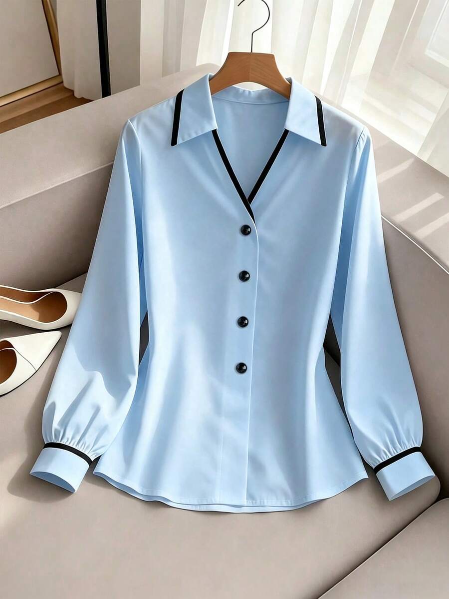 SHEIN Franclia Áo sơ mi nữ kiểu dáng thường ngày, phối màu tương phản, dễ mặc cho hoạt động ngoài trời và đi làm. - Màu xanh nhạt - Xem 1