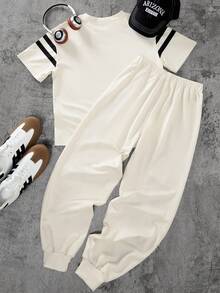 Genkimix Kids 2pcs Young BoySummer Casual Round Neck Printed T-Shirt And Side Design Jogger Pants Set, Suitable For Daily And Outdoor Wear - Apricot - View 2