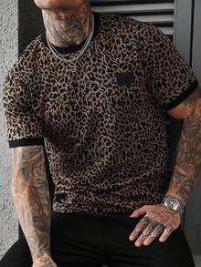 EGENSIO Áo thun nam tay ngắn cổ tròn dáng rộng in họa tiết da báo, thích hợp mặc mùa hè. - màu đen - Xem 6