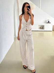 Firerie 女士优雅春夏亚麻休闲通勤度假沙滩V领露背系带条纹西装背心和高腰阔腿卡其色套装 - 卡其色 - 查看 7