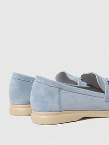 Sleekvia 时尚天蓝色绒面革蝴蝶结女鞋，舒适通勤平底乐福鞋，适合户外购物、上班等日常穿着，百搭平底鞋 - 淡藍色蝴蝶結 - 查看 4