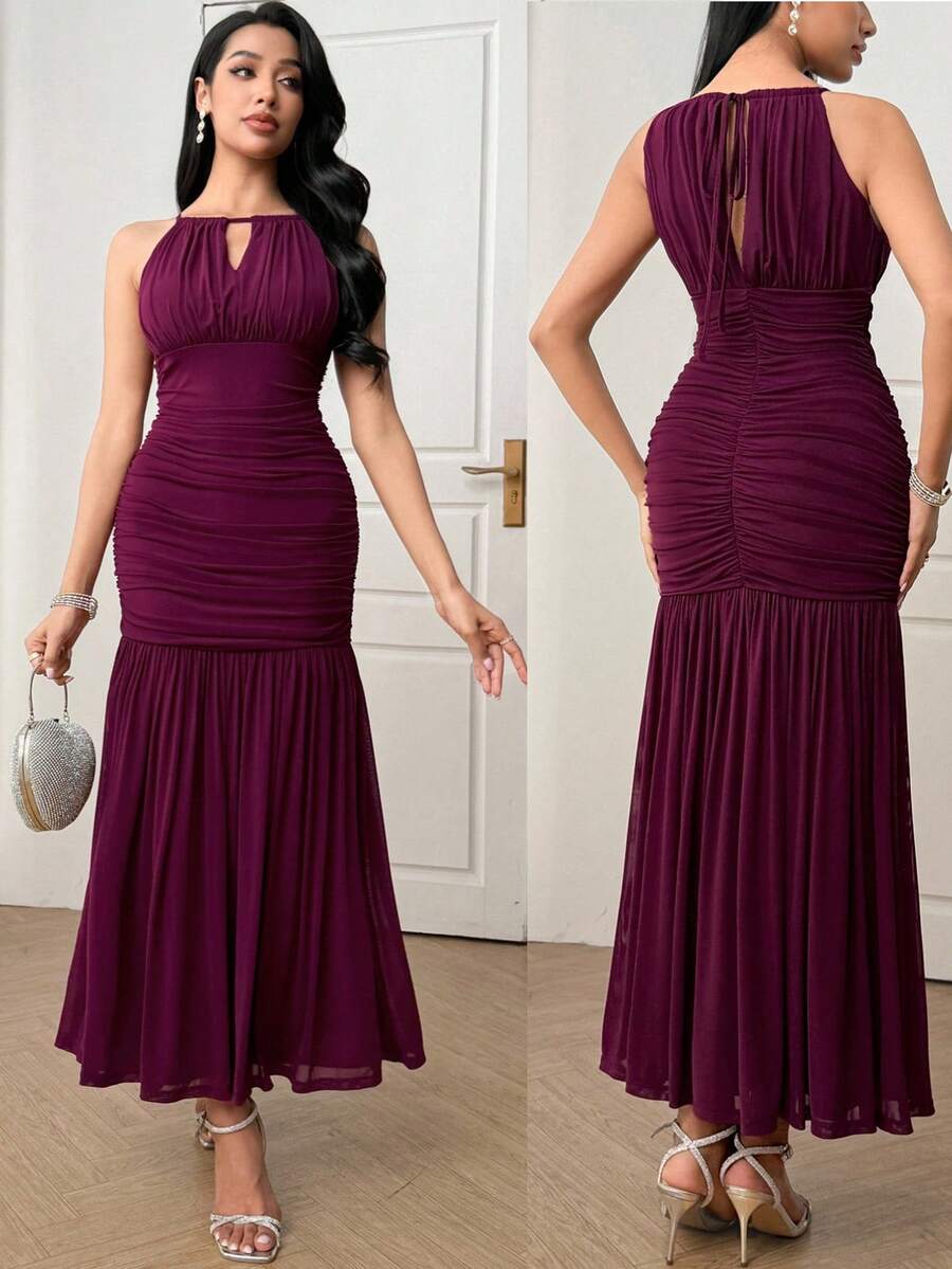Modelyn Damen elegantes einfarbiges plissiertes ärmelloses Kleid