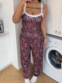 ZzzCrew Leopard & Butterfly Print Contrast Color Lace Camisole & Pants Sleepwear Set, Plus Size - Multicolor - View 5