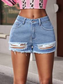 SHEIN Jeanoir Quần short denim rách phong cách Y2K dành cho nữ - Rửa nhẹ - Xem 8