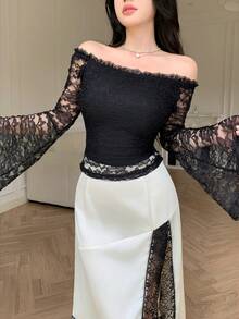Modelyn 黑色蕾丝露肩荷叶边长袖性感休闲T恤 - 黑色 - 查看 1