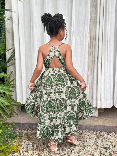 年轻女孩优雅简约无袖印花吊带连衣裙