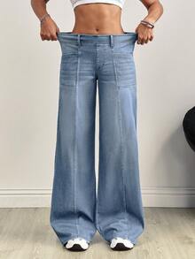 SHEIN Tall Front & Middle Patchwork Zebra Striped Washed Knit Wide Leg Jeans, Tall Women - Light Wash - View 3