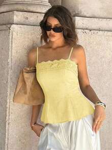 Siren Gaze 女士纯色褶皱休闲百搭约会之夜吊带背心 - 黃色 - 查看 5