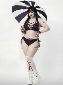 ROMWE Goth Bộ đồ bơi 2 mảnh cỡ lớn dành cho nữ, bikini lưới jacquard gợi cảm cho kỳ nghỉ hè. - Đỏ - Xem 2