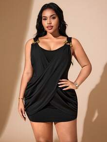 Plus Size Women's Solid Color V-Neck Pleated Patchwork Asymmetric Hem Bodycon Dress, Y2K Sexy Short Dress With Metal Strap Decor, For Hourglow & Hourglass Body Shape, For Body Shape, For Summer - Black - View 4