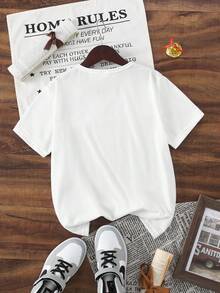 Áo thun ngắn màu trắng cơ bản, chất liệu denim xanh, in họa tiết hoa, phong cách thường ngày, sáng tạo, cá tính, tươi mới, cao cấp, thích hợp cho mùa xuân và hè, thoải mái cho bé gái tuổi teen. - trắng - Xem 2
