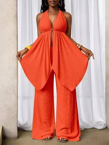 SHEIN BamGlam Bộ đồ hai mảnh quần short vải dệt họa tiết dây đeo cổ gợi cảm và thời trang mới - trái cam - Xem 3