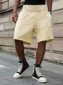 PAVTROS Young, Streetwear Style Plus Size Men's Shorts With Double Waistband, Printed, Webbing - Beige - View 4