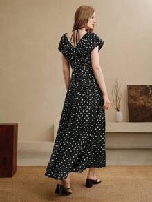 Arave Damen V-Ausschnitt Rüschenärmel Polka Dot Digital Muster Chiffon Kleid, elegant für Dates - Schwarz - Übersicht 4