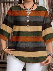 EMERY ROSE Casual Textured Colorblock Striped Print V-Neck Shirt, Minimalist Plus Size Shirt Suitable For Summer - Multicolor - View 6